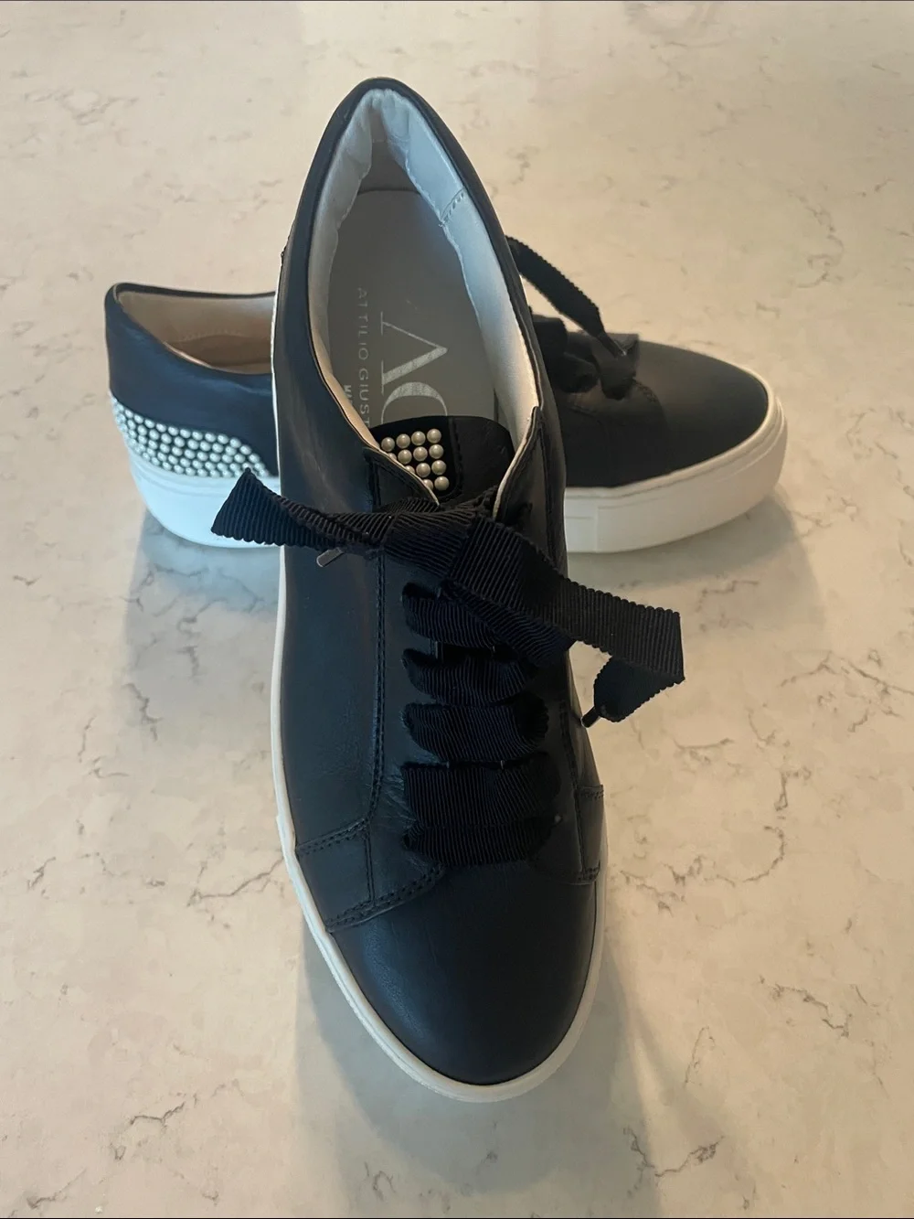 AGL Black Leather Low-Top Sneakers with Pearl Tongue Detail